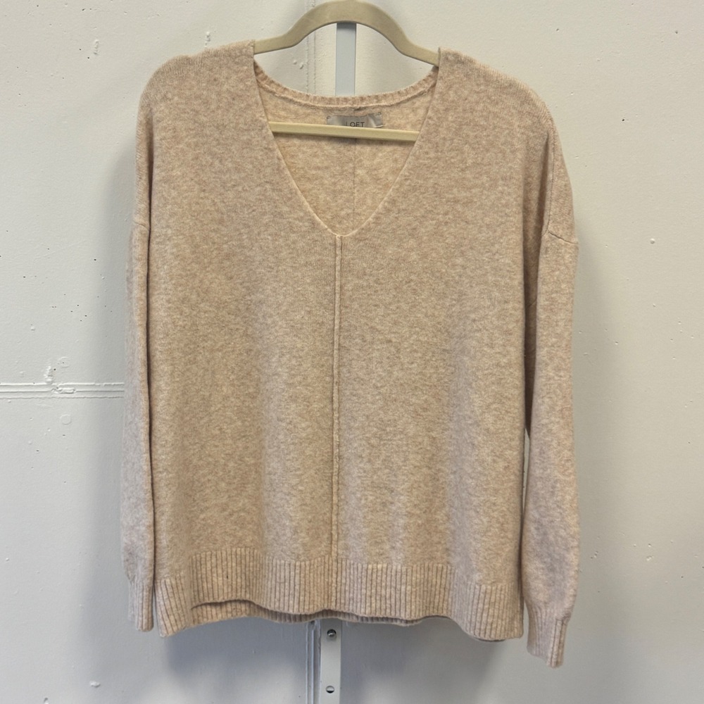 LOFT Womens V-Neck Seamed Drop Shoulder Sweater Beige Marl Size Med Neutral Fall